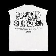 Load image into Gallery viewer, White “Bored Rockstar” Max Heavyweight&quot; T-Shirt DROP SHOULDER (Cut off Sleeves and trimmed bottom) oversized fit
